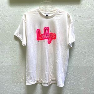 Vintage 90s Las Vegas Print Large T-Shirt Women's White w/ Hot Pink Neon Graphic